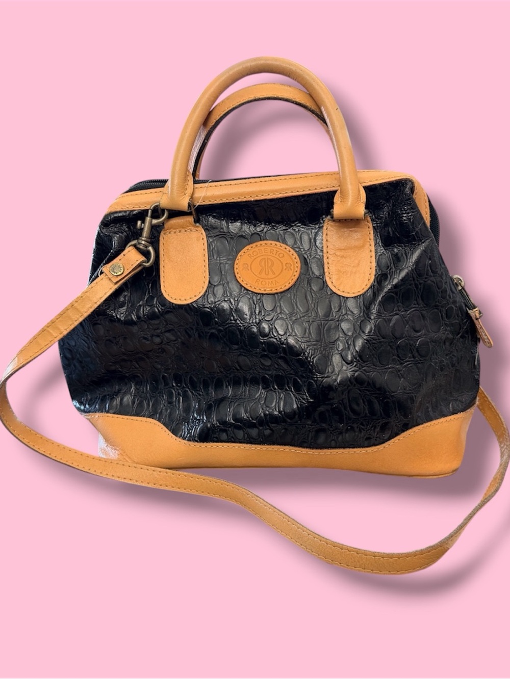 Roberto Roma Croc-Embossed Black Satchel with Tan Trim (Vintage)